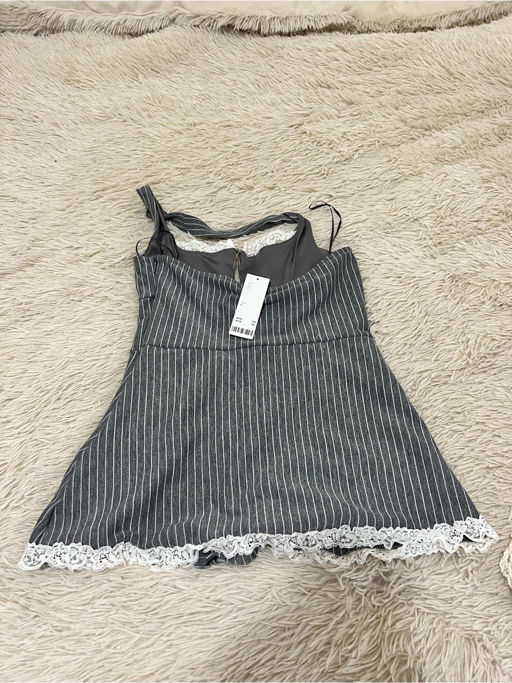 Kimchi Blue Gray Pinstripe Halter Romper with Pink Bow Accents - Picture 2 of 2